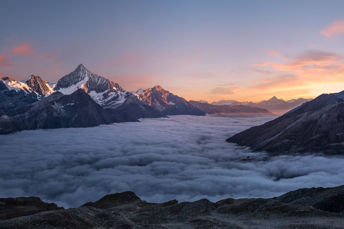 Munsyari hill station with Panchachuli peaks filling the eastern horizon at sunrise